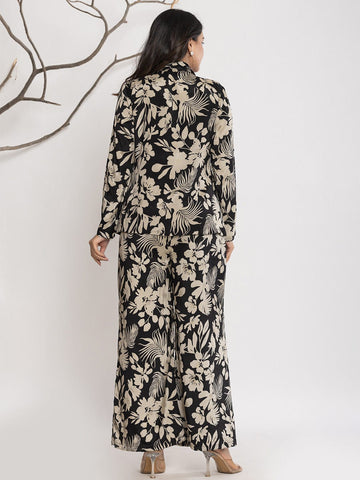 Varanga Women Floral Printed Front Placket Shirt with Flared Palazzo